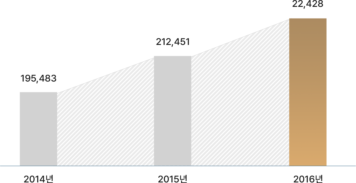 2014년 195,483, 2015년 212,451, 2016년 22,428